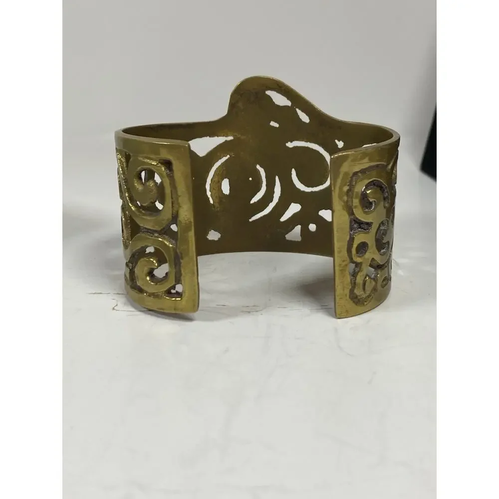 Antique Artisan Modernist Etruscan Egyptian Brass Cuff Bangle Bracelet